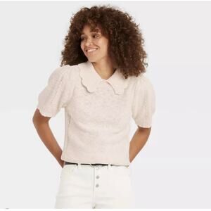 Universal Thread Cream Sweater Peter Pan Collar Short Sleeve Ivory Scallop Med